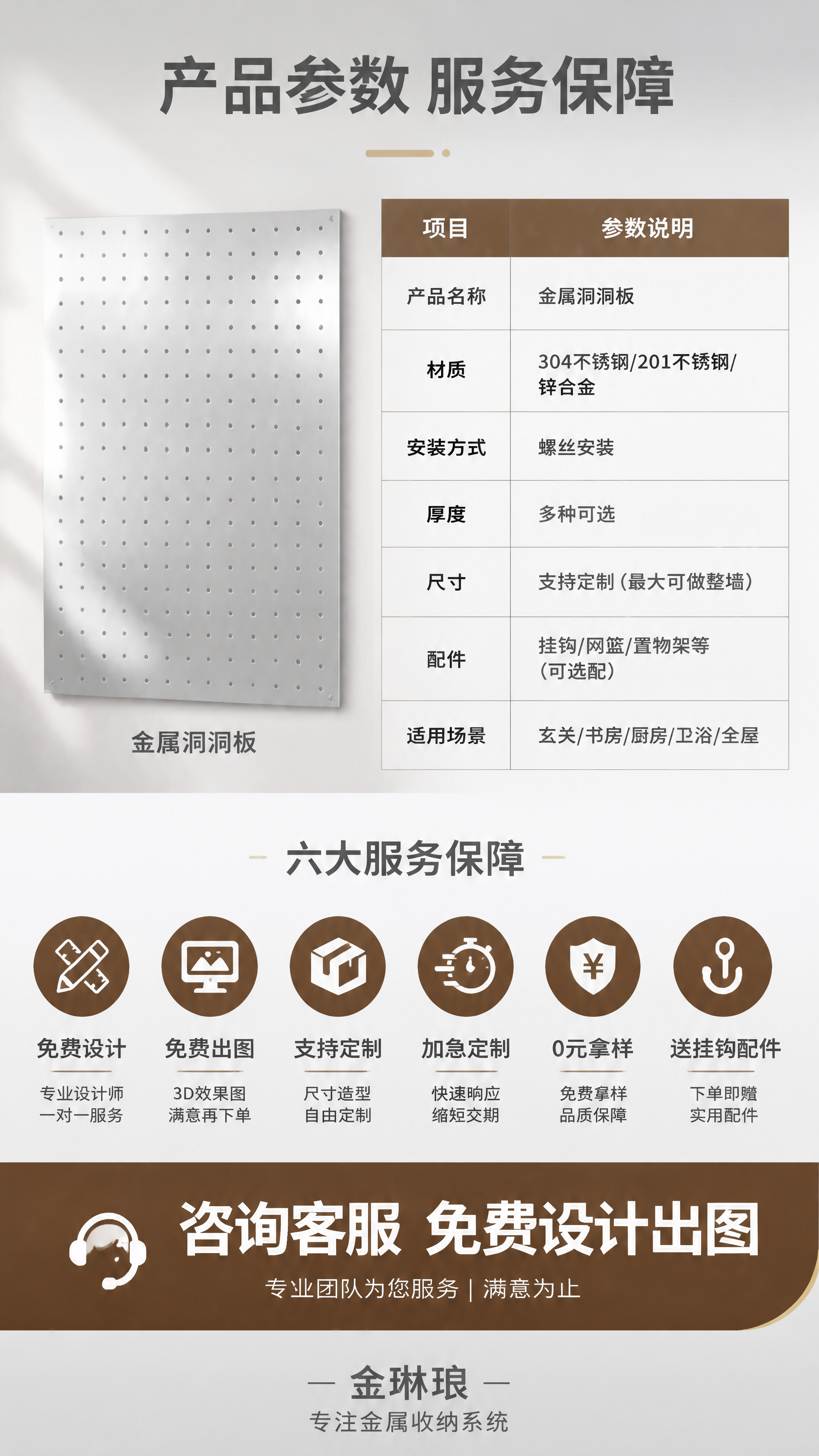 [详情页-第8屏 规格服务] 金属洞洞板规格参数与服务保障展示… - 图片创意预览