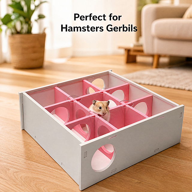 [Main Image-4] Hamster maze actual use scene display.
[atmosphere style] Natural life scene, warm and real atmosphere
[quality] Commercial photography texture, natural light, real picture, clear layers
[elements] A cute dwarf hamster is exploring and moving inside the pink-gray maze, the complete maze is placed on a clean wooden floor in a living room, the background is a blurred home environment, highlighting the product and pet. Keep the appearance (physical structure, material texture, color) of the hamster maze completely consistent with the input product image, eliminate any deformation and color difference, and process it delicately. The product and pet are both clear, forming a good focus
[light and shadow] Natural window soft light, warm light tone, natural light and shadow transition, showing a real home use atmosphere
[color matching] The main color is the product's own light gray + pink, the background is wood tone and warm home color, soft and comfortable
[perspective composition] Natural perspective, medium view, the product is located in the center of the picture, full screen borderless
[text layout] The upper negative space is marked with the short text "Perfect for Hamsters Gerbils", the text is concise and clear, does not block the product and pet, meets the aesthetic and reading habits of the European and American market
[proportion resolution] 1:1 ratio, 2048px * 2048px, 4K resolution, super high definition
[negative prompt] Deformation, watermark, text disorder, blurred product picture, messy background