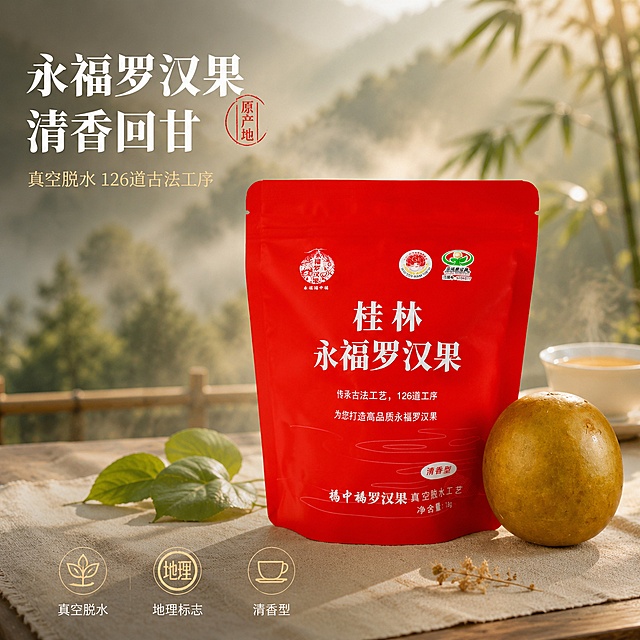 [单张主图] 桂林永福罗汉果 高级氛围感主图 首图点击率目标。
[画面主体] 红色自立袋包装的桂林永福罗汉果产品居中偏右，完整不裁切，占画面约55%；包装袋正面的「桂林永福罗汉果」大字、「永福福中福」Logo、地理标志认证标、「清香型」标签、「真空脱水工艺」文字全部清晰可读，颜色、字体、排版与输入产品图完全一致；包装袋右侧摆放一颗完整的金黄色罗汉果干果，表皮纹理自然，与产品图中的果实形态一致；保持产品外观（物理结构、材质质感、颜色、Logo、文字信息）与输入产品图绝对一致，杜绝任何变形和色差，精细化处理。
[构图版式] 采用「原生成分型」高级感版式，产品主体偏右放置，左侧留白放文案；背景为虚化的中式养生场景，不抢主体。
[场景元素] 背景为浅木色中式茶桌台面，后方虚化的竹林山景与薄雾营造原产地山林氛围；产品左前方散落2-3片新鲜绿色罗汉果叶片，右后方有一只白瓷茶杯，杯中盛有浅金黄色罗汉果茶汤，杯口飘出淡淡热气；台面铺有浅米色亚麻茶席，茶席上放一小段干桂花作点缀；整体画面元素丰富但层次分明，产品始终是视觉中心。
[文案版式] 左上负空间左对齐，留安全边距，不压产品。主标题两行：第一行「永福罗汉果」，第二行「清香回甘」，字体为粗宋风格，字重克制，米白色字，字号最大；主标题下方一行副文案「真空脱水 126道古法工序」，细黑体，字号约为主标题的1/2，浅金色；主标题右侧叠一个竖排小圆章「原产地」，红色印章风格；画面底部居中横向排列3个线稿图标卖点，从左到右依次为：叶片图标+「真空脱水」、印章图标+「地理标志」、茶杯图标+「清香型」，图标为浅金色细线，下方配小号细黑体说明文字，间距均匀。
[光影质感] 自然暖阳侧逆光从右后方斜射，穿过薄雾形成丁达尔光效，勾勒产品红色包装袋的外轮廓高光；左前方柔光补光，保证正面文字清晰可读；罗汉果干果表面有自然的哑光质感和细微纹理；包装袋有轻微哑光塑料质感，底部有柔和的接触阴影；整体光线柔和通透，浅景深，背景虚化自然，无硬阴影。
[配色字体] 主色调：中国红（产品包装）、浅木色、米白；辅助色：竹林绿、茶汤金黄、浅金；强调色：印章红；字体风格：主标题粗宋体，副文案细黑体，卖点图标配细黑体；字色与背景强对比，清晰可读。
[比例分辨率] 1:1比例，2K分辨率，文字清晰锐利，超高清商业摄影质感。
[负向提示词] 变形，文字错乱，产品图模糊，背景杂乱，水印，电商平台Logo，错字，伪Logo，主体遮挡，低清晰度，错误结构，廉价HDR，强描边。