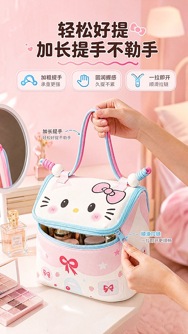 [商品] 使用【图4】猫咪造型化妆包及提手细节；保留猫咪脸部图案、蓝粉双色提手配白色圆珠、蓝色包边、粉白配色、PU皮材质；增强提手缝线和包身纹理质感。
[画面] 功能演示页，真人手部操作演示，一只手握住加长提手轻轻提起，另一只手拉开拉链展示开合顺畅；包内隐约可见化妆品；背景为温馨卧室梳妆台，有圆形化妆镜、香水瓶和眼影盘点缀；中景景别，突出手部动作和提手细节。
[视觉] 套系策略：风格=甜美少女风商业摄影；标题字=圆润粗黑体；正文字=简洁无衬线体；主色=樱花粉；背景延展=基于樱花粉做深浅层级、同色渐变和细腻墙面/织物质感；强调色=天蓝色，仅用于小面积图标、引线和标签；标题色=深棕粉；正文色=暖灰粉；组件=圆角浅粉信息卡、细线引线、可爱图标；光影=左前侧暖柔光，右侧柔和补光，底部自然投影。
[文字] 顶部主标题"轻松好提 加长提手不勒手"；下方3个短卖点："加粗提手 承重更强""圆润握感 久提不累""一拉即开 顺滑拉链"；文字横向排版。
[规格] 图片比例9:16竖版，4K，避免变形、错字、文字过小、冷蓝灰背景、包型失真、手部畸形。