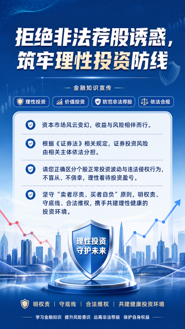 金融证券知识宣传海报，标题为"拒绝非法荐股诱惑，筑牢理性投资防线"，内容包含：资本市场风云变幻，收益与风险相伴而行。根据《证券法》相关规定，证券投资风险由相关主体依法分担。请您正确区分个股正常投资波动预览效果