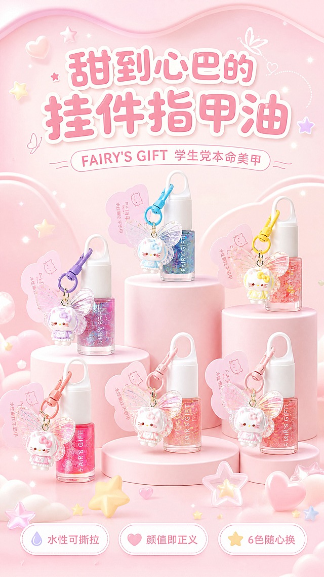 [商品] 使用【图1】FAIRY'S GIFT 挂件指甲油全家福6款；保留每款的透明方瓶、白色瓶盖带挂环、Hello Kitty立体挂件+透明翅膀、彩色挂扣、粉色云朵吊牌、瓶身FAIRY'S GIFT文字、各款指甲油颜色和闪片质感；商品处理：清晰化瓶身文字和挂件细节，增强闪片通透光泽，不改变瓶型结构和颜色。
[画面] 目标：少女心头图海报，吸引学生党/Z世代点击；构图：居中产品群像，6瓶指甲油错落摆放在马卡龙色圆柱展台上，产品占画面60%；景别：中景；阅读动线：顶部大标题→中部产品群像→底部利益条；前中后景：前景散落星星/爱心小装饰、中景产品展台、后景粉白渐变波浪形背景板；氛围：甜美梦幻、软萌治愈。
[视觉] 套系策略：风格=少女心软萌甜系商业摄影+可爱排版；标题字=圆润可爱粗圆体；正文字=简洁圆润无衬线体；主色=樱花粉+奶油白；背景延展=基于粉白做渐变波浪、同色系深浅圆柱展台、云朵/爱心/星星装饰；强调色=香芋紫+薄荷蓝，仅用于小面积图标、引线和标签；标题色=深粉红；正文色=暖粉灰；组件=圆角粉白信息卡、虚线引线、爱心/星星图标；光影=顶部柔光+粉色漫反射，整体明亮通透。
[文字] 顶部居中主标题"甜到心巴的挂件指甲油"，副标题"FAIRY'S GIFT 学生党本命美甲"；底部横排3个胶囊标签："水性可撕拉"、"颜值即正义"、"6色随心换"；文字不遮挡产品主体和Hello Kitty挂件。
[规格] 图片比例9:16竖版，4K，避免变形、错字、文字过小、冷蓝灰背景、产品颜色改变、瓶身文字错乱、极限词。