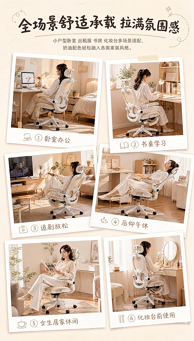 [商品] 使用【图1】【图2】【图3】【图4】奶油白人体工学椅产品图作为产品视觉参考；保留白色塑料框架、米白色特网面料、6D双关节头枕、动态环抱腰靠、翻转扶手、伸缩脚托、白色五星脚、黑色滚轮的完整结构和颜色；椅子出现在6个不同的居家场景中。

[画面] 页面目标：场景代入，让用户直观想象椅子放在自己家中的效果。布局：顶部居中大标题+小字说明，下方错落排布6张拍立得样式实景图，白边相框，角度略有不同，有横有竖，错落有致，营造手账拼贴感。6个场景分别是：卧室办公、书桌学习、追剧放松、后仰午休、女生居家休闲、化妆台前使用。每个场景中都有奶油白椅子和年轻亚洲女生。背景为奶杏米底色#F5EFE6叠加极浅宣纸纹理。

[视觉] 套系策略：风格=奶油治愈系女性向居家风；标题字=粗体圆润手写感柔黑体；正文字=常规无衬线字体；主色=奶杏米#F5EFE6；背景延展=基于奶杏米做深浅层级、同色渐变和细腻宣纸纸张质感；强调色=暖奶茶棕#C7A68C，仅用于小面积图标、引线、标签、数字强调和装饰线条；标题色=深咖棕#57483B；正文色=浅棕褐#867769；组件=全部模块卡片20px大圆角、拍立得白边相框、手绘手写装饰文字、虚线引导线、简约线性图标、浅阴影卡片；光影=全部实景图统一窗边暖调柔光午后自然光，无冷白光、无生硬闪光灯阴影。

[文字] 主标题：全场景舒适承载 拉满氛围感；小字说明：小户型卧室 出租屋 书房 化妆台多场景适配，奶油配色轻松融入各类家装风格。每张拍立得照片下方有手写体小标签标注场景名。所有文字横向排版，内容区左右留边40px，行间距1.6倍。

[规格] 图片比例9:16竖版，4K，避免变形、错字、文字过小、冷蓝/蓝灰背景、产品颜色改变、结构失真、绝对化用语、电商平台Logo水印。