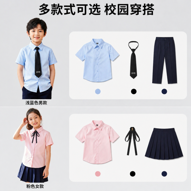 [主图 5]儿童校服套装多色可选组合展示。[氛围风格]清新自然，简洁明了。[画质]商业摄影质感、光线柔和通透、产品清晰真实、画面干净高级。[元素]画面分上下两部分，上半部分展示男童套装，左侧是浅蓝色衬预览效果