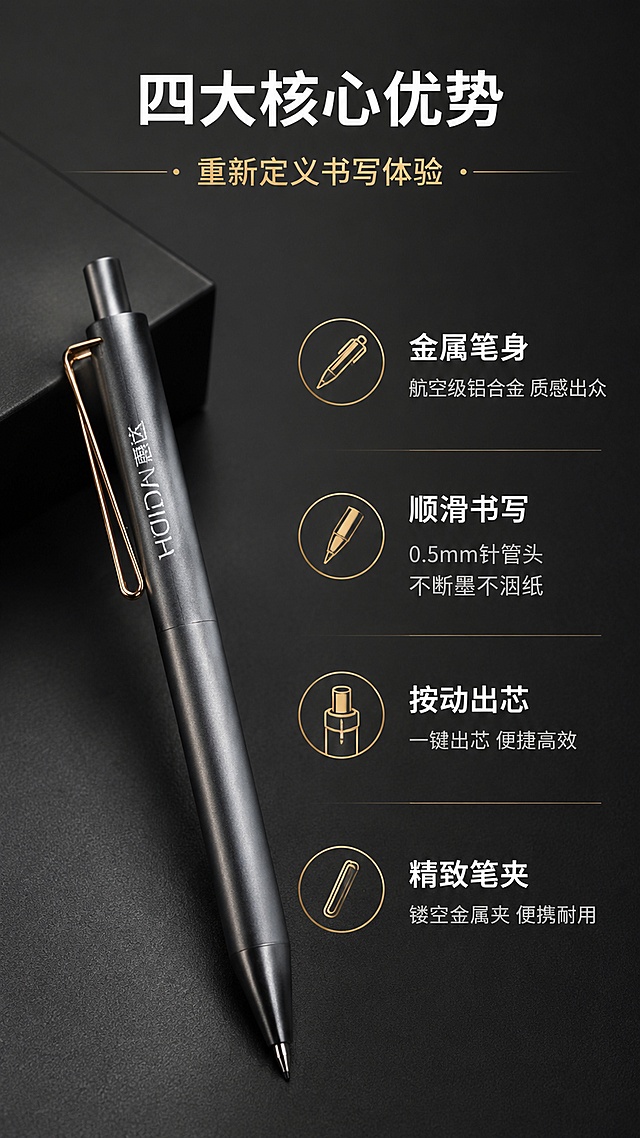 [第2屏] 详情页核心卖点屏-HUIDA惠达金属按动中性笔四大卖点解析。本屏使用【图1】作为商品主体，深灰色笔作为主展示款。
[氛围/风格] 高级商务简约风，深灰金配色，商业摄影质感，结构清晰，信息层级分明。
[元素布局] 深灰色金属笔斜置于画面左侧中部，占比约40%-45%；笔身结构、金属质感、金色镂空笔夹、按动式顶部、HUIDA惠达白色字样与输入产品图完全一致；右侧为四大卖点图标+文字区域；背景为深灰色哑光质感，点缀细微金色分割线。
[光影质感] 左侧柔光照明，金属笔身高光细腻，右侧自然暗部过渡，整体沉稳有质感，明暗对比适中。
[配色色系] 全局底色 #1D1D1F 深灰；主色深灰+香槟金；辅助色白色正文、金色图标点缀。
[视角构图] 45°斜侧视角，左物右文布局，阅读动线顶部标题 → 左侧产品 → 右侧四组卖点。
[文字版式] 版式为顶部大标题 + 左侧产品 + 右侧四组卖点上下排列。顶部主标题「四大核心优势」白色大号黑体，副标题「重新定义书写体验」金色中号；右侧四组卖点从上到下依次：①金色笔形图标+「金属笔身」标题+「航空级铝合金 质感出众」小字；②金色笔尖图标+「顺滑书写」标题+「0.5mm针管头 不断墨不洇纸」小字；③金色按动图标+「按动出芯」标题+「一键出芯 便捷高效」小字；④金色笔夹图标+「精致笔夹」标题+「镂空金属夹 便携耐用」小字；每组卖点图标左对齐，标题白色加粗，说明浅灰色小号；文字清晰可读，移动端友好。
[比例分辨率] 9:16 竖版比例，4K分辨率，文字清晰可辨，高清画质。
[负向提示词] 笔身变形，缺件错件，颜色偏差，水印，文字错乱，产品图模糊，背景杂乱，结构错误，文字过小。