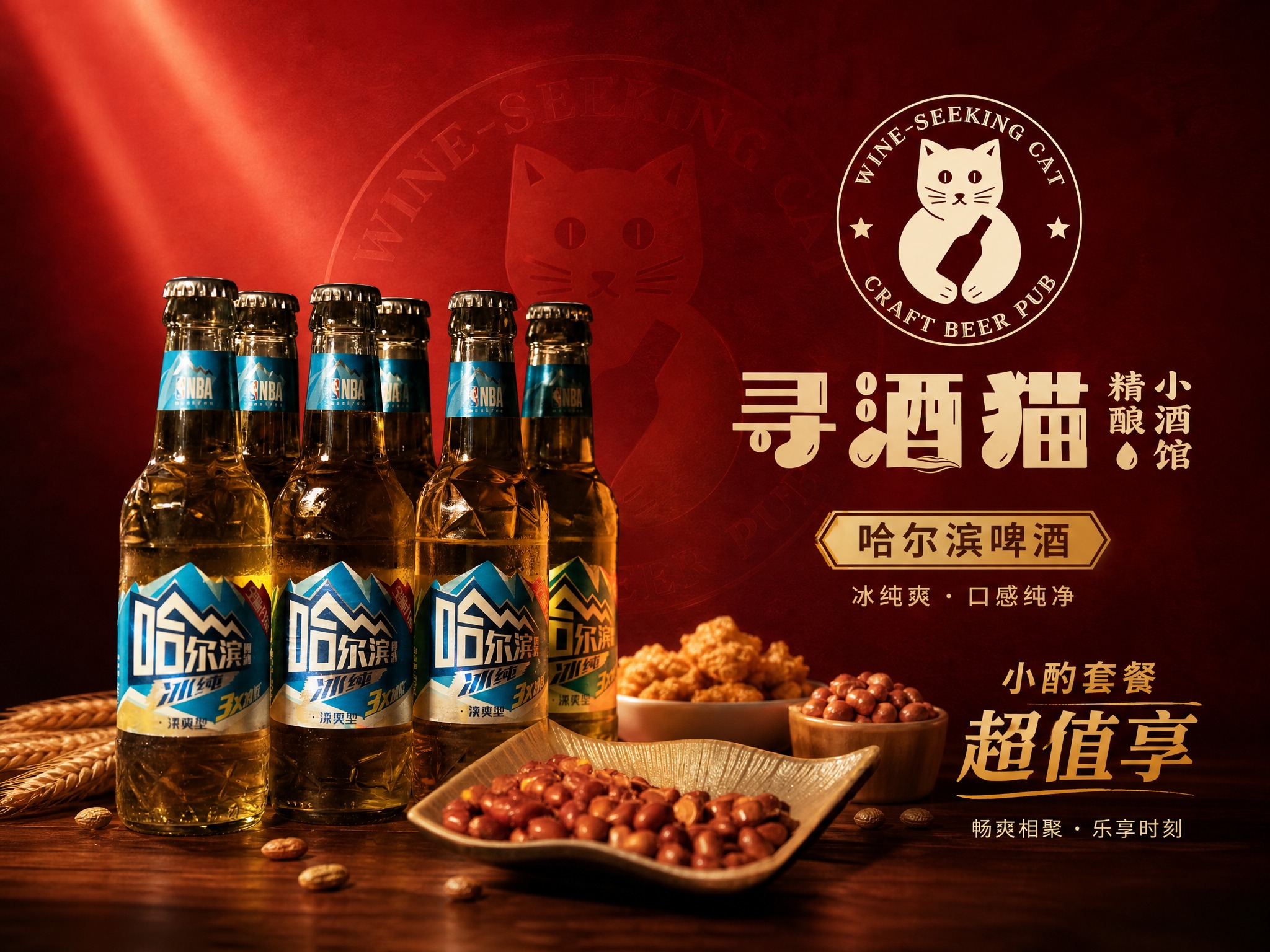 以主图中的哈尔滨啤酒瓶、寻酒猫圆形LOGO、寻酒猫文字LOGO… - 图片创意预览