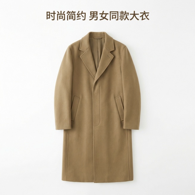 [主图主题] 卡其色简约大衣白底平铺展示
[氛围/风格] 简约干净，专业棚拍，光线均匀
[画面元素] 卡其色长款大衣正面平铺在纯白背景上，轮廓完整展示，衣身整理平整，口袋领口细节清晰可见，颜色与原图保预览效果