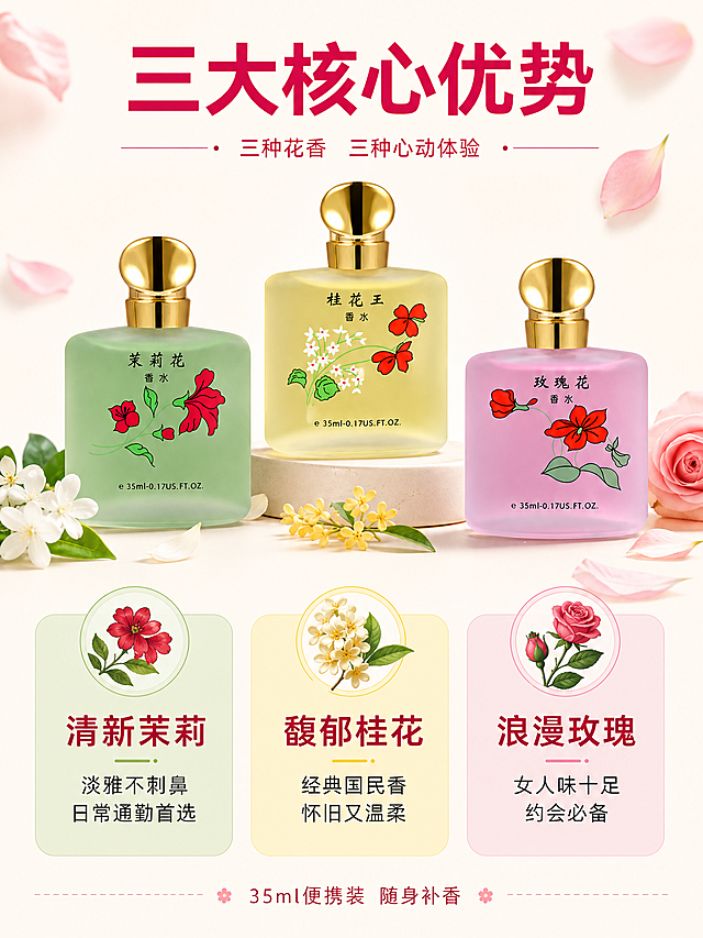 [第2张] 核心卖点页-三大花香优势卖点解析。本张使用【图1】三款香水作为商品主体。
[氛围/风格] 清新直白 拼多多爆款感 信息清晰 商业摄影质感。
[元素布局] 三款香水错落摆放在画面中上部，占比约40%；下方分三栏对应展示三款卖点，每栏配对应花卉图案小图标；背景为干净浅米色，有轻微花瓣装饰点缀；保持三款香水外观与输入图一致。
[光影质感] 顶部柔光均匀照明，瓶身质感清晰，底部柔和投影；整体明亮通透。
[配色色系] 全局底色 #FFFAF5（浅米白）；主色深玫红；辅助色浅绿/浅黄/浅粉分栏。
[视角构图] 正面微俯视，阅读动线顶部产品 → 下方三栏卖点。
[文字版式] 顶部主标题「三大核心优势」粗黑体深玫红色；下方三栏等宽分布，每栏顶部圆形图标（对应花卉）+ 大标题 + 两行短句：左栏「清新茉莉」「淡雅不刺鼻 日常通勤首选」；中栏「馥郁桂花」「经典国民香 怀旧又温柔」；右栏「浪漫玫瑰」「女人味十足 约会必备」；底部一行小字「35ml便携装 随身补香」。
[比例分辨率] 3:4 竖版比例，4K 分辨率，文字清晰可辨。
[负向提示词] 变形，水印，文字错乱，产品图模糊，背景杂乱，电商平台Logo。