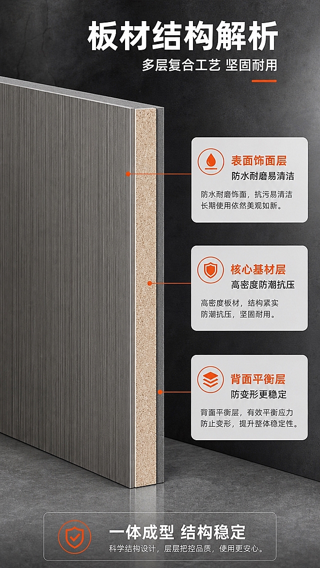 [商品] 使用【图2】灰色竖纹卫生间隔断板局部；保留板材竖纹纹理、厚度、边缘结构；做剖面示意展示内部结构层次，不改变板材外观和材质。
[画面] 目标：结构材质解析，展示隔断板内部构造与工艺。构图：竖版9:16，左侧为隔断板剖面立体示意图（占画面50%），右侧为文字说明区；剖面展示从外到内的层次结构：表面饰面层、核心基材层、背面平衡层；配引线标注各层名称和功能。
[视觉] 套系策略：风格=专业工业风商业摄影；标题字=粗黑体；正文字=常规黑体；主色=深灰+金属银；背景延展=基于深灰做深浅层级渐变、水泥/石材质感；强调色=橙红色，仅用于小面积图标、引线和标签；标题色=白色/深炭灰；正文色=中灰；组件=圆角信息卡、细线引线、图标+文字组合；光影=顶部均匀柔光+侧面补光，突出金属质感和板材纹理。
[文字] 顶部主标题「板材结构解析」，副标题「多层复合工艺 坚固耐用」；右侧分层说明：表面饰面层（防水耐磨易清洁）、核心基材层（高密度防潮抗压）、背面平衡层（防变形更稳定）；底部加一句「一体成型 结构稳定」。
[规格] 图片比例9:16竖版，4K分辨率，淘宝/天猫适配，避免变形、错字、文字过小、颜色失真、极限词。
