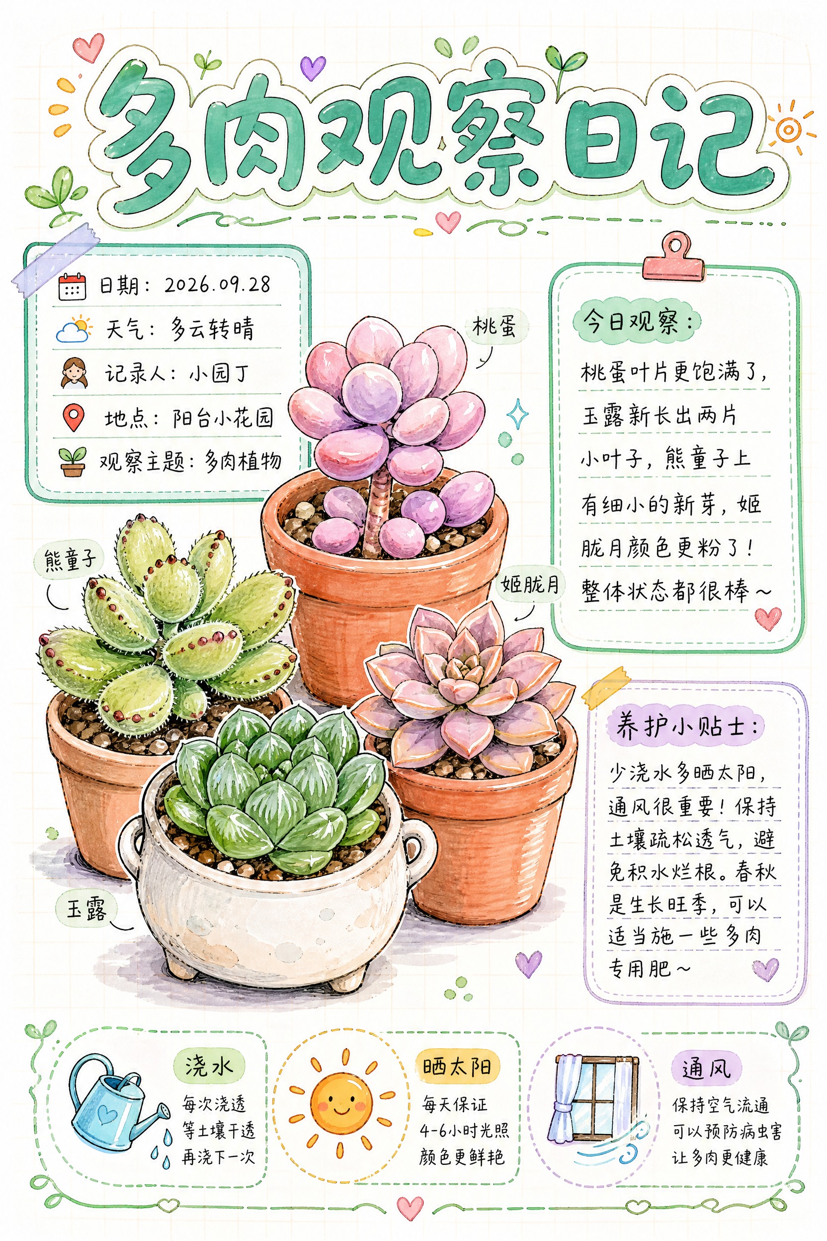 马克笔手绘风格的多肉观察日记海报，纯白色背景，A4竖版构图。画… - 图片创意预览