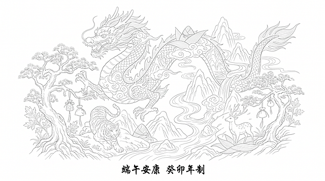 森系白描风格端午节主题设计图，画面结合粽叶、龙、云纹、山水、艾草、香囊、老虎和鹿，超高设计感，纯白背景，线条细腻干净