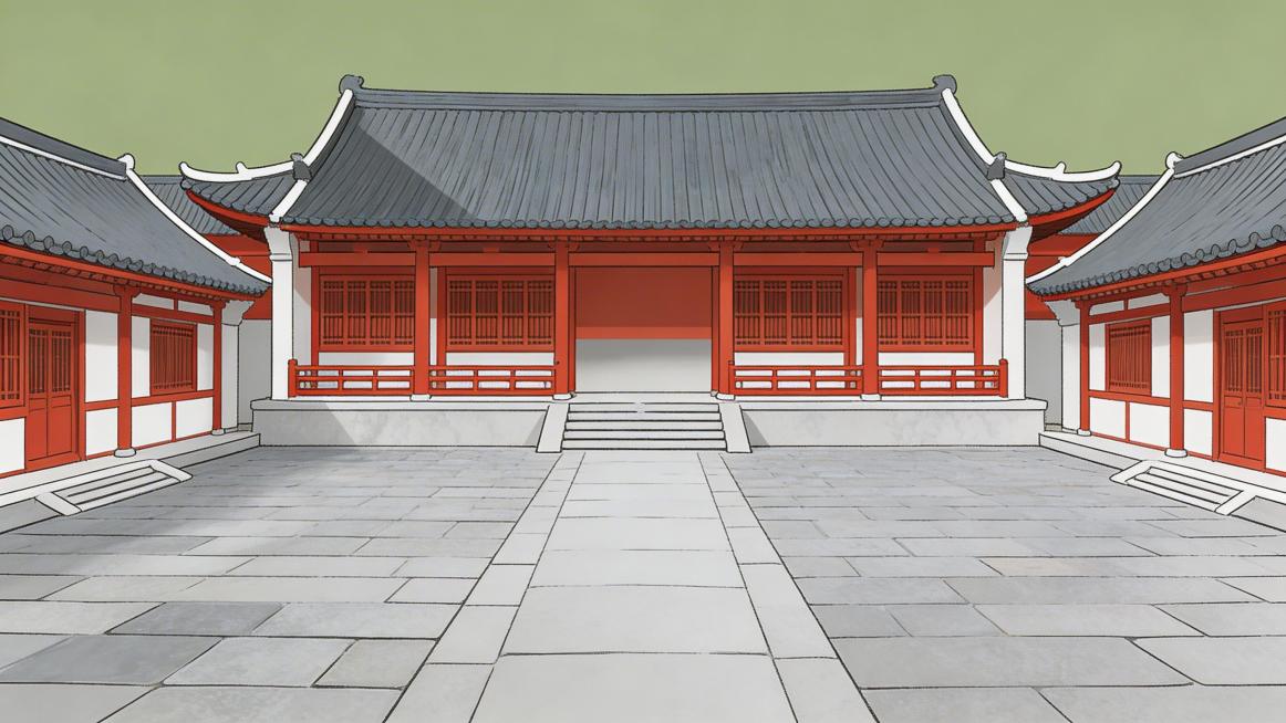 调整视角，生成在院子中心，站在院子里面向正房的平视效果图，保留原有的中国传统四合院结构和灰瓦红墙白墙的配色风格预览效果