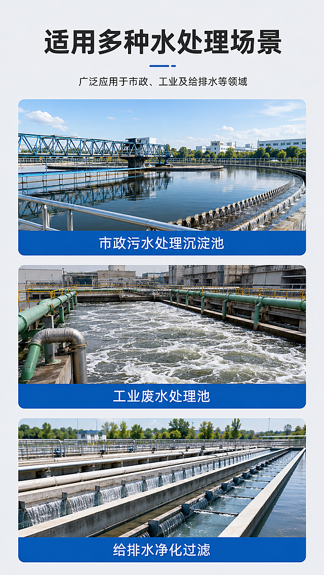 [第3屏] 淘宝天猫详情页适用场景展示，介绍蜂窝斜管填料适配场景。
[氛围/风格] 写实工业风，干净专业，场景真实可信，图文搭配清晰。
[元素布局] 本屏上方放标题区，下方排列3个适用场景拼图，每个场景配文字说明。每个场景小图保持构图均衡，保留场景环境特征，不喧宾夺主突出产品适用属性。
[光影质感] 整体光线均匀自然，每个场景明暗层次协调，文字清晰不模糊。
[配色色系] 全局底色：#F0F2F5（浅工业灰）；文字：深灰色#333333；场景配图保留真实色彩，蓝色标注框突出场景名称。
[视角构图] 竖向三宫格构图，从上到下标题+三个场景，阅读顺序清晰，每个场景占比均匀。
[文字版式] 顶部主标题“适用多种水处理场景”，三个场景分别标注：“市政污水处理沉淀池”“工业废水处理池”“给排水净化过滤”，每个场景名称清晰放在场景图下方，文字大小适合手机阅读，不遮挡场景主体。
[比例分辨率] 9:16竖版比例，4K分辨率，文字清晰可辨，超高清。
[负向提示词] 场景变形，文字模糊，排版错乱，水印，颜色夸张，主体不突出。