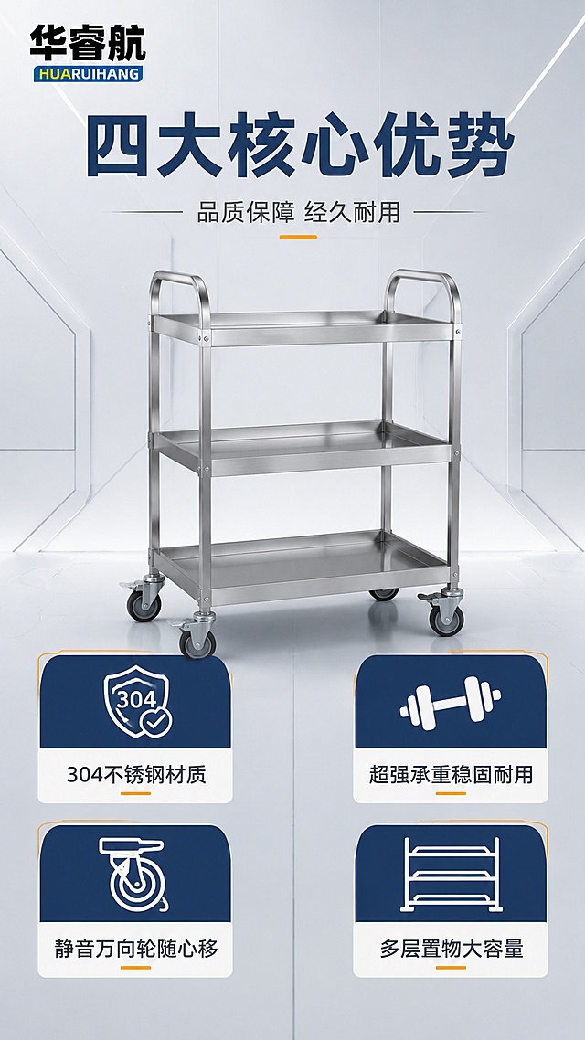 [第2屏] 核心卖点总览-不锈钢物流台车四大核心优势。本屏使用【图2】作为商品主体。
[氛围/风格] 工业风简约专业，蓝灰配色，商业摄影质感。
[元素布局] 不锈钢物流台车置于画面中央偏上，占比约40%；四周分布四个卖点图标卡片；背景为浅灰色工业风背景，带有几何线条装饰；台车结构、材质、颜色与输入产品图一致。左上角放置华睿航品牌logo。
[光影质感] 顶部均匀柔光，金属框架高光清晰，整体干净明亮。
[配色色系] 全局底色 #F0F2F5 浅灰；主色深蓝 #1E3A5F；辅助色不锈钢银灰、橙色点缀。
[视角构图] 正面平视，产品居中，阅读动线顶部标题 → 中央产品 → 四周卖点卡片。
[文字版式] 版式为顶部大标题 + 中央产品 + 四宫格卖点卡片。主标题「四大核心优势」，副标题「品质保障 经久耐用」；四个卖点卡片：「304不锈钢材质」「超强承重稳固耐用」「静音万向轮随心移」「多层置物大容量」；每个卖点配简约图标；文字清晰可读。
[比例分辨率] 9:16 竖版比例，4K分辨率，文字清晰可辨，高清画质。
[负向提示词] 产品变形，缺件错件，结构错误，颜色偏差，水印，文字错乱，产品图模糊。