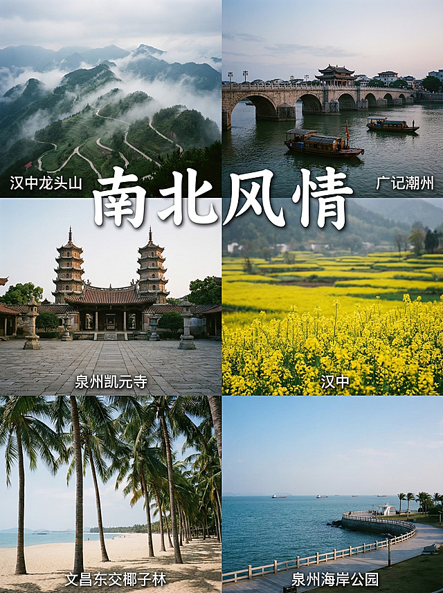 的任务
帮我制作5份由地区特色景象结合出来的风景宣传照片，并在图片中心用文字标上主要地点（只要一个），宣传照片由当地景色的2张或者4张或者6张或者9张照片结合而成
#备注
要求图片写实，使用香蕉2.0，图片比例3:4，且不要出现任何人的正面照。
#备注
在标记地点时，只需要有地点就行，比如：
江苏·同里——江南古镇慢节奏
就只需要在拼图中间有：江苏·同里就行

#具体地点
需要阅读以下文章来提取

汉中 
潮州
泉州 
文昌