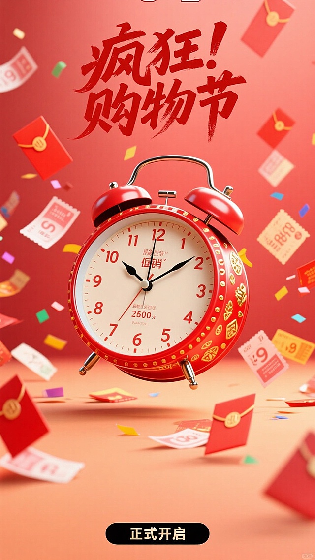 3D轻拟物风设计，波普艺术元素融入，红色闹钟象征喜庆与促销，营造节日购物氛围。