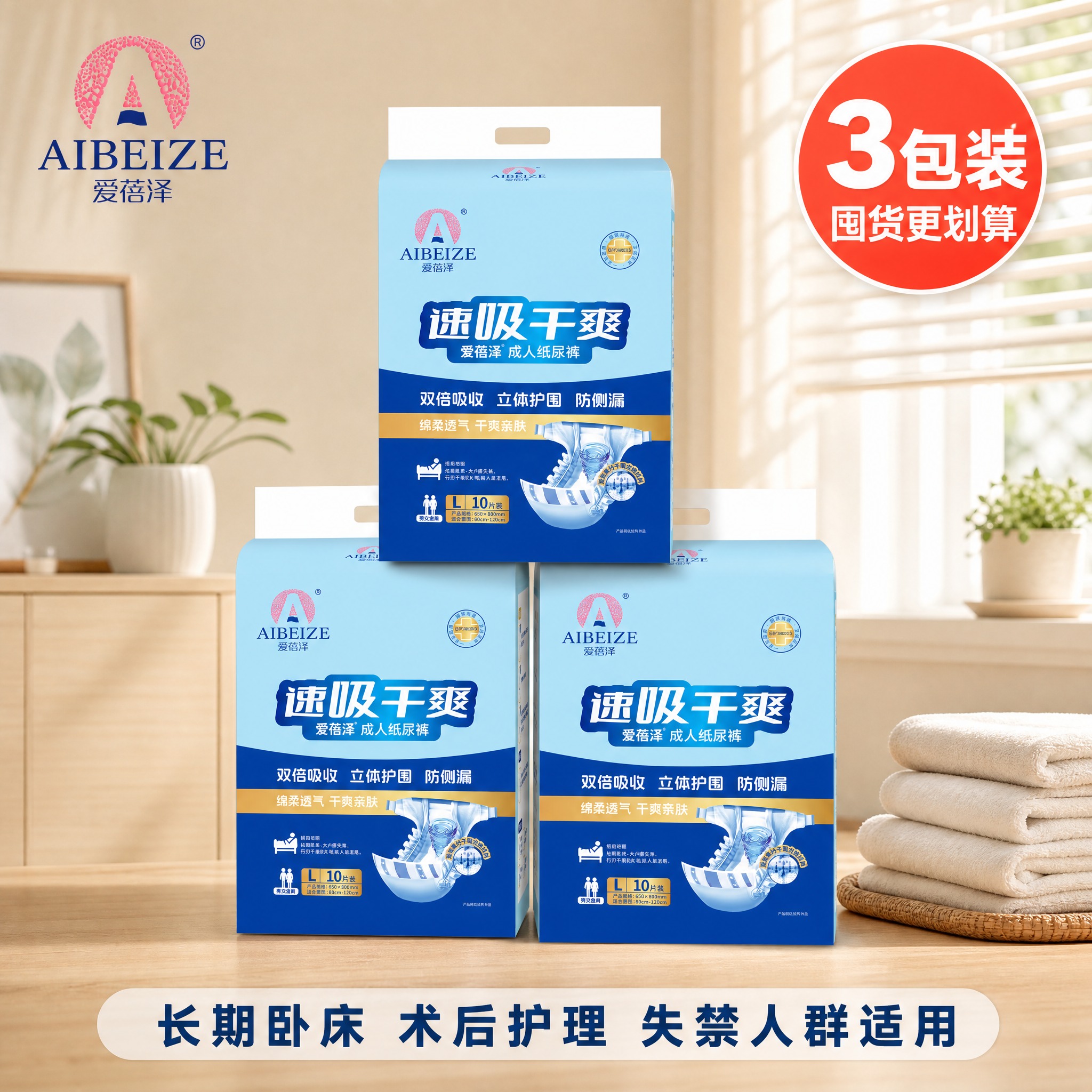 [主图-2] 成人纸尿裤3包囤货场景图，突出量大实惠与家庭使用… - 图片创意预览