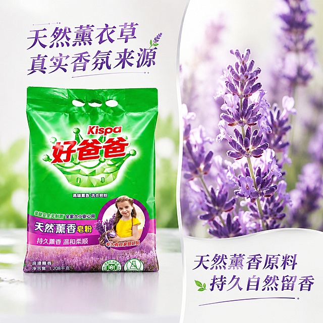 [主图-3]好爸爸天然薰香皂粉成分与安全细节展示，突出品质可靠性。[氛围风格]纯净安心，专业洁净。[画质]商业摄影质感，光线柔和通透，产品清晰真实，画面干净高级。[元素]画面左侧放置好爸爸天然薰香皂粉包装袋，右侧放大展示薰衣草天然成分，用微距特写薰衣草花瓣，突出天然薰香原料自然质感。产品保持原有外观物理结构材质颜色完全一致，杜绝变形色差。画面整体突出天然来源，安全安心。[光影]侧逆光展示薰衣草花瓣通透感，产品正面光线均匀，细节清晰。[配色]浅紫色薰衣草调，产品原有绿色搭配，背景白色干净突出主体。[视角构图]左右分栏构图，产品左，细节右，视觉层次分明。[文字版式]左侧产品旁大标题"天然薰衣草 真实香氛来源"，右侧特写旁标注"天然薰香原料 持久自然留香"，文字简洁清晰，不遮挡主体。[输出要求]1:1比例，文字清晰可辨，超高清商业摄影质感。[负向提示词]变形，文字错乱，产品图模糊，背景杂乱，水印，电商平台Logo