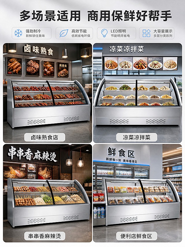 [商品] 使用【图1】商用双开门弧形玻璃熟食冷藏展示柜；保留双开门结构、弧形玻璃门、三层陈列架、不锈钢银灰色机身、底部散热孔、柜内LED灯带；保持产品比例、颜色、材质和外观一致。
[画面] 页面目标：场景化体验/功能拼图 多场景适用展示。版式：2x2四宫格拼图，每格展示一个不同的使用场景。左上：卤味熟食店场景，柜内摆满鸭脖鸭翅等卤味；右上：凉菜店场景，柜内摆满凉拌菜；左下：串串香麻辣烫店场景，柜内摆满串串食材；右下：便利店场景，柜内摆放在鲜食区；每格场景中展示柜都是核心元素。
[视觉] 套系策略：风格=冷灰科技商用商业摄影；标题字=现代无衬线粗体；正文字=简洁无衬线体；主色=冷灰银；背景延展=基于冷灰银做深浅层级、同色渐变和金属/石材质感；强调色=冰蓝色，仅用于小面积图标、引线、标签和冷光效；标题色=深炭灰；正文色=中冷灰；组件=圆角浅灰信息卡、细线引线、冰蓝色图标；光影=左前侧冷白光+柜内暖光食物对比。
[文字] 顶部大标题「多场景适用 商用保鲜好帮手」；四宫格每格下方标注场景名称：「卤味熟食店」「凉菜凉拌菜」「串串香麻辣烫」「便利店鲜食区」；文字全部横排，场景标签清晰可读。
[规格] 图片比例3:4竖版，4K，避免变形、错字、文字过小、四格场景差异不明显、产品在各场景中比例失调。