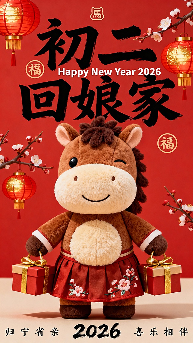 提示词：纯正面小马，Q 版棕褐配色的拟人毛绒小马公仔（腹部是浅米色毛绒，单眼眯起微笑，鬃毛为深棕短绒质感，圆鼓鼓的肚子），站立，身着改良汉服襦裙（红褐配色，裙摆绣梅花），双手提着两盒系金带的拜年礼盒。红色背景，搭配红 / 金配色灯笼与梅花枝；小马公仔位于画面中下部核心区域；画面上部排布大号黑色毛笔大字 “初二 回娘家”（笔触清晰），中间叠印一行白色体小字 “Happy New Year 2026”，背景文字两侧点缀圆形 “福” 字标识，画面顶部有小型 “馬” 字图形标识，底部有黑色很小的字 “归宁省亲 喜乐相伴”（2026 为毛笔字体）。