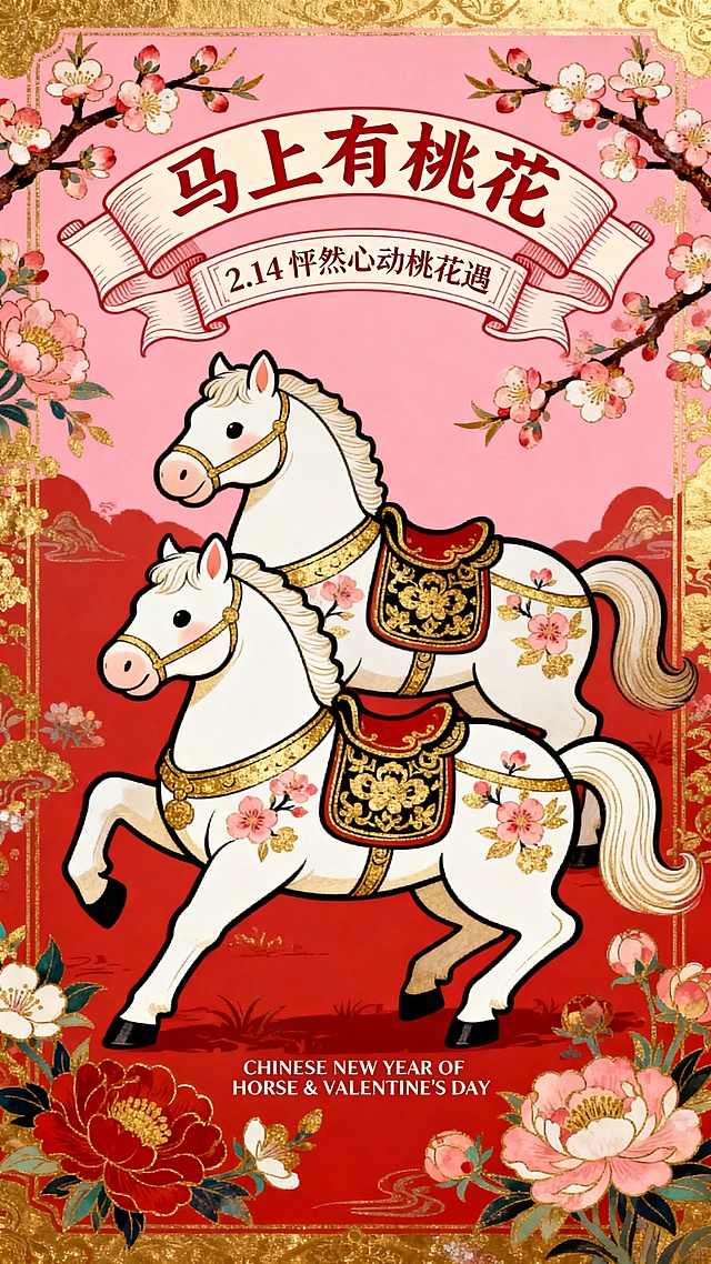 以2只胖嘟嘟的白色 唐代小马驹 玩耍的形象作为视觉中心（装饰桃花纹路的金纹和中式马鞍），强动态感构图，搭配桃花、花卉装饰元素。顶部结合桃花枝设计”马上有桃花“的弯曲变形字标题+卷轴样式线框的文案"2.14 怦然心动桃花遇，"底部设精致的小字 “CHINESE NEW YEAR OF HORSE & VALENTINE'S DAY" 。色彩以红、金为主，粉色背景。