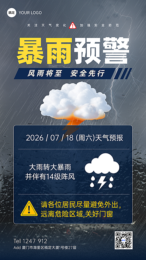 暴雨预警天气预报安全提醒温馨提示海报