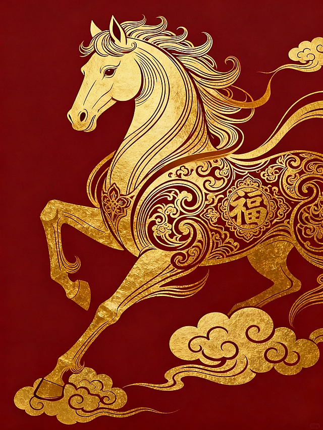 鎏金浮雕风骏马，工笔描边勾勒祥云瑞气，国潮复古中透出奢华喜庆，福字点缀，尽显中式年味。