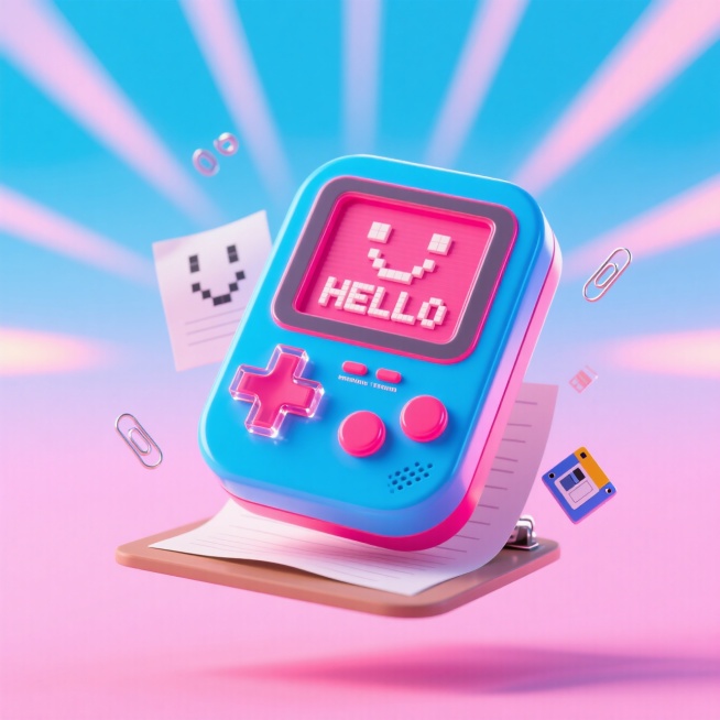 这款简洁流畅的3D徽章以一台紧凑型复古游戏机为主​​题，采用亮面霓虹蓝和洋红色饰面。按键尺寸较大，略带半透明感。一张漂浮的像素化纸张从压板上浮现，上面显示着像素艺术表情符号和复古终端字体的“HELLO预览效果