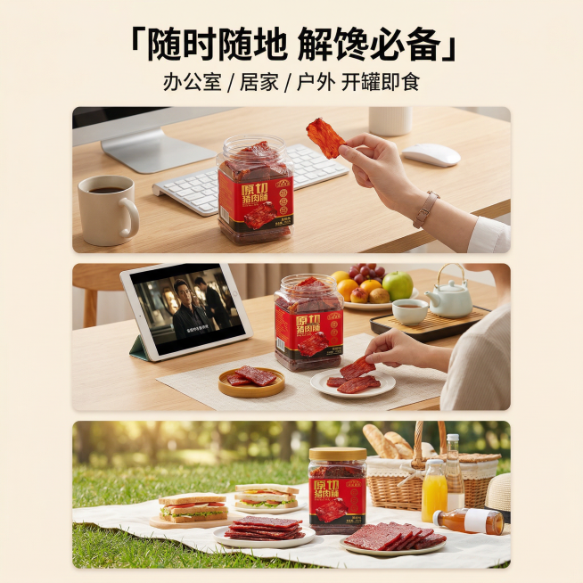 1:1竖版电商主图，快速切换展示江南首脯猪肉脯在3个生活化场景：办公室下午茶开罐即食、家庭餐桌追剧、户外野餐分享，每个场景都有江南首脯猪肉脯实物，画面干净整洁。添加主标题「随时随地 解馋必备」，副标题预览效果