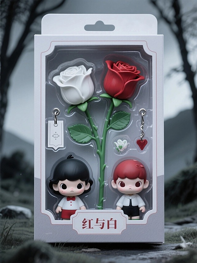 盒子上有描边文字“红与白”，户外场景，神秘忧郁氛围