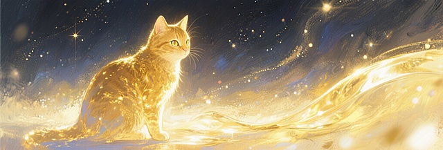 鎏金风插画，梦幻光影交织，猫咪沐浴星辉，神圣唯美感十足，厚涂技法勾勒虚拟自然，油画质感尽显宇宙诗意。