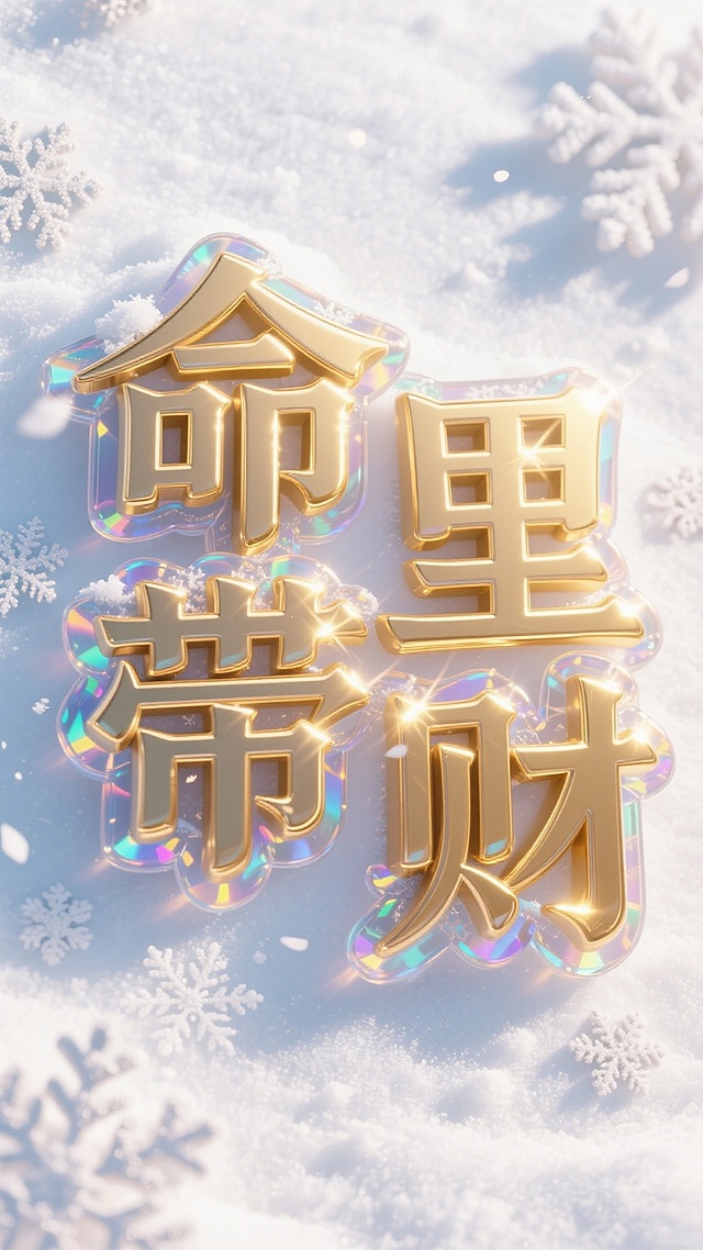 梦幻雪景中，鎏金大字“命里带财”闪耀3D玻璃光效，融合奢华与唯美感，传递冬日祝福。