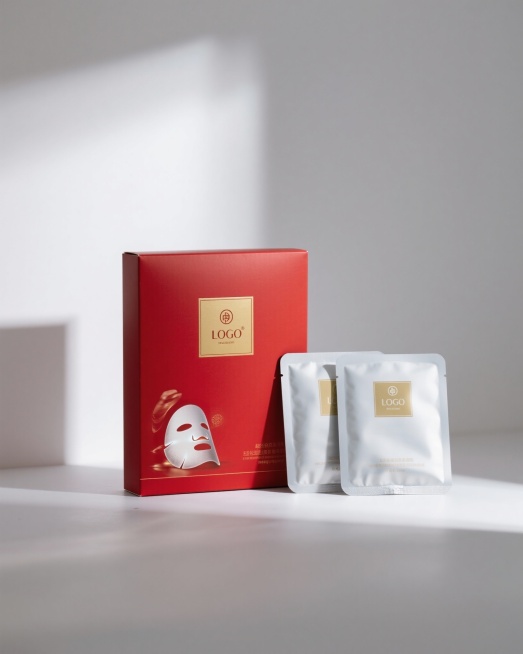 帮我生成一个高档红色高档纸质包装面膜和2片同款塑料包装面膜，高档纸质包装面膜上贴金色LOGO标签，包装上有面膜样品图片，产品正视角度展示，在白色背景预览效果