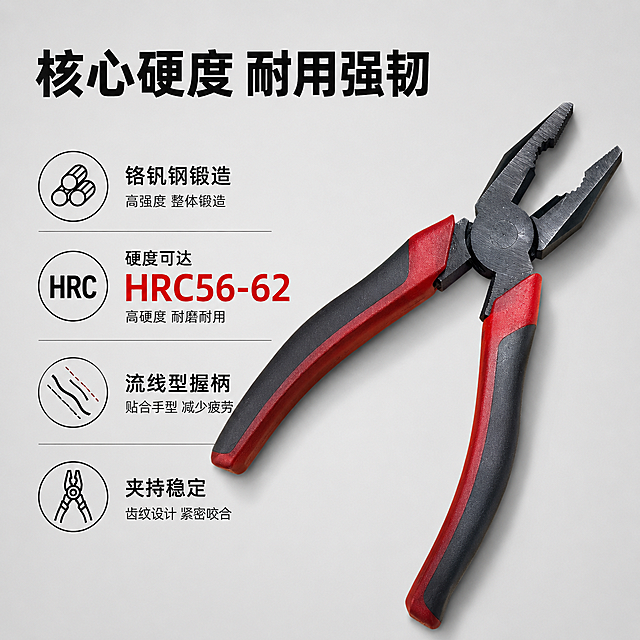 「图片1」，生成一套主图（5张），商品名称是精抛光钢丝钳，铬钒钢锻造，HRC56-62,流线设计，动感，吻合亚洲人手型，减少疲劳，适配淘宝/天猫平台，主图比例为1:1
