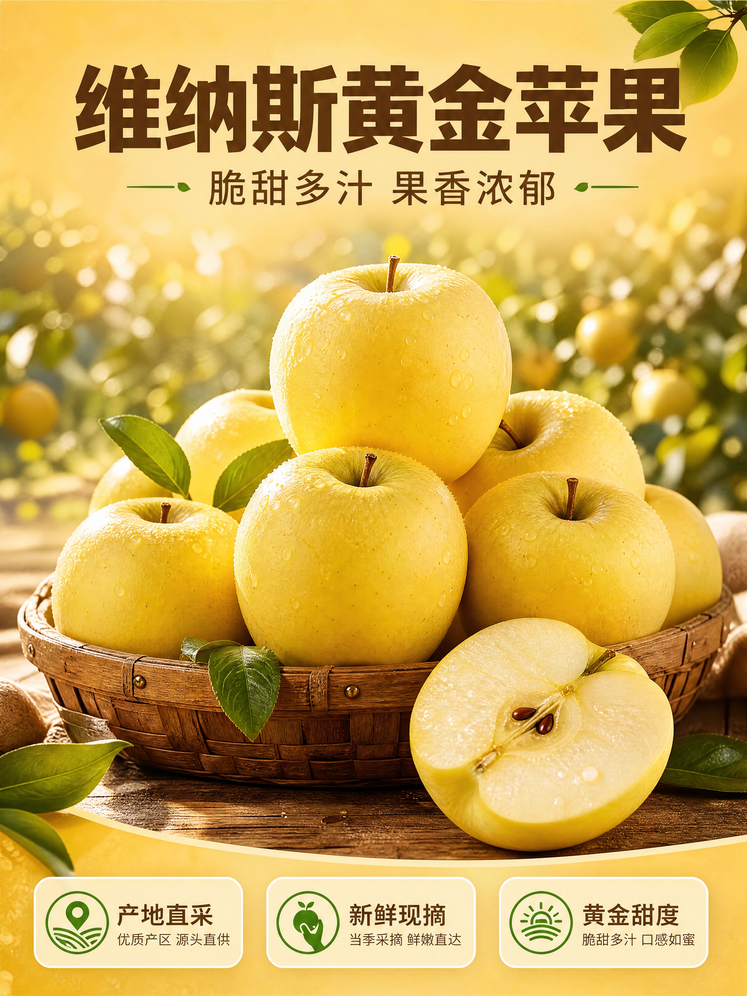 [商品] 维纳斯黄金苹果，金黄色果皮，果形端正饱满，表面带天然… - 图片创意预览