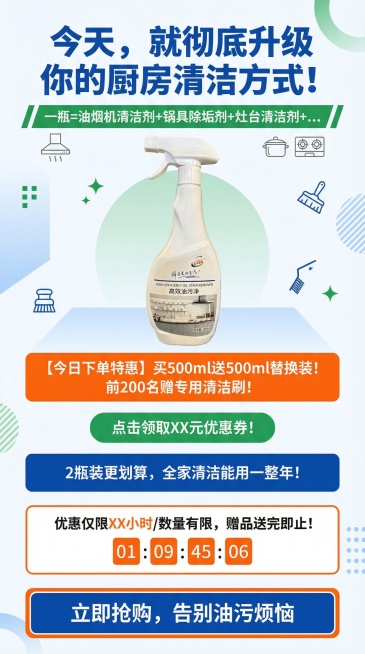 第一屏：开屏暴击，承接主图，强化痛点
目的： 用户点击主图进来后，用更强烈的视觉和文案再次确认“你来对了，这就是解决你问题的产品”。

内容设计：

大图+大字： “还在用 洗洁精+钢丝球 拼命刷？”预览效果