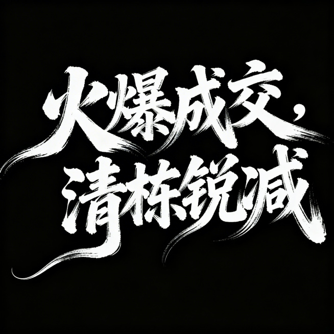电影海报作品，草书字体设计的书法海报，文字内容为"火爆成交，清栋锐减"，狂野奔放的草书风格，富有动感的视觉张力，超粗笔画流畅飘逸，笔画巧妙延长变形，保留飞白效果，笔画流畅潇洒，干净纯色背景，大师书法作预览效果