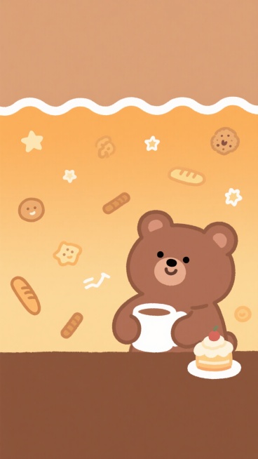 可爱背景，卡通风格插画，温暖的橙黄色渐变背景，顶部是浅棕色区域，中间有一条白色波浪线分隔，右下角有一个棕色小熊，它抱着一个白色杯子，脸上带着微笑，小熊旁边有一个小蛋糕，上面有奶油，背景中散布着星星、饼干和面包棒等小元素，整体氛围温馨可爱，线条圆润，色彩柔和，充满童趣。预览效果