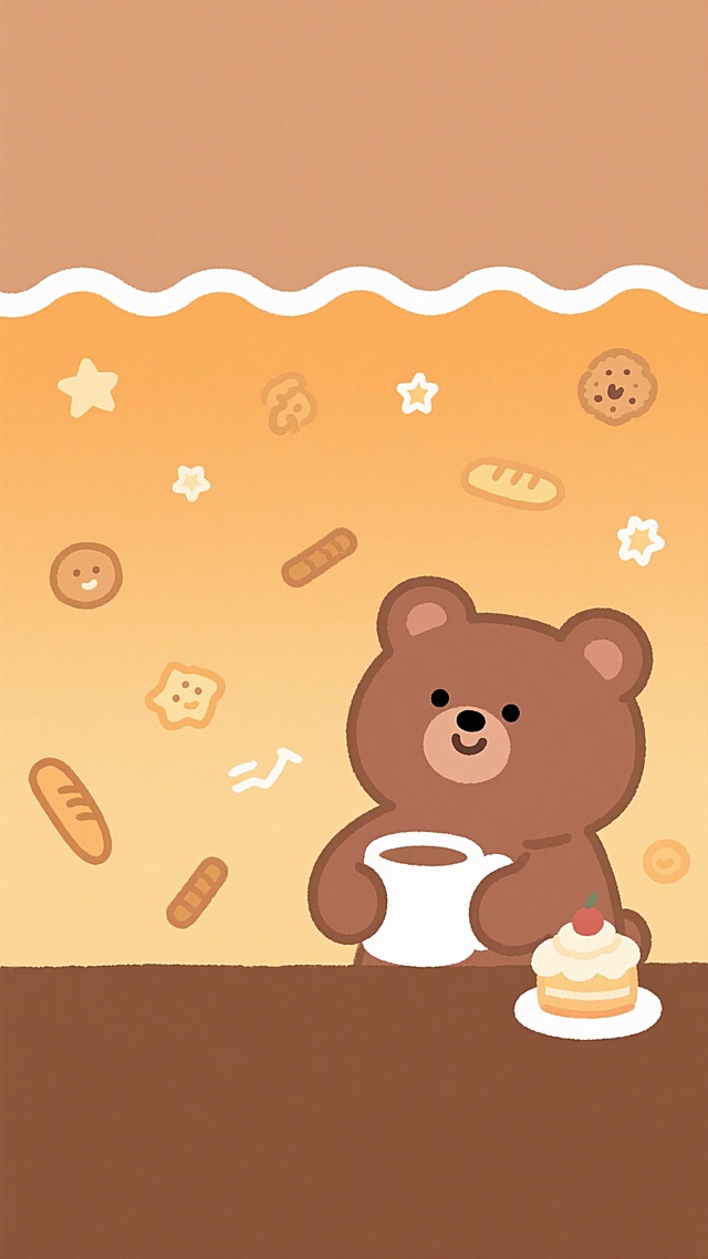 可爱背景，卡通风格插画，温暖的橙黄色渐变背景，顶部是浅棕色区域，中间有一条白色波浪线分隔，右下角有一个棕色小熊，它抱着一个白色杯子，脸上带着微笑，小熊旁边有一个小蛋糕，上面有奶油，背景中散布着星星、饼干和面包棒等小元素，整体氛围温馨可爱，线条圆润，色彩柔和，充满童趣。