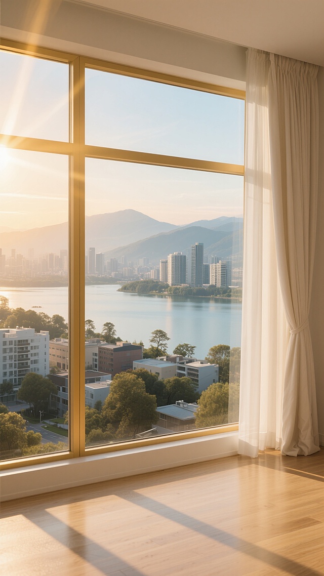 室内视角望向窗外的景观，清晨或黄昏柔和的金色阳光从左上角照射进来，在地板上投下窗框的阴影，大面积的落地窗，窗框为简约的金色，右侧垂落着米白色的厚重窗帘，窗外是开阔的城市与自然景观，远处有连绵的山脉，中间是平静的湖泊或河流，近处是错落有致的高楼与低矮建筑群，以及点缀其间的树木，整体画面呈现出温暖、宁静、开阔的氛围，光线柔和，色彩以金色、米白、淡蓝、浅灰为主，具有高度的写实感和清晰的细节，不同配色、不同角度的窗户设计，保持整体景观和光线氛围的一致性。