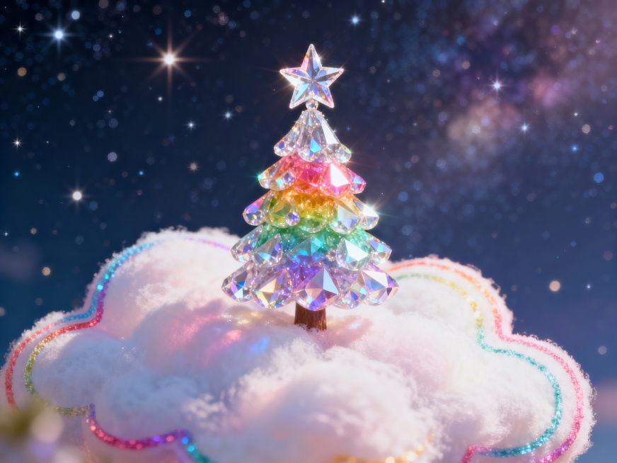 星空背景，一朵五彩勾线云朵，站着星星彩虹圣诞树，马卡龙色系，宏观镜头，超细节，超高清，星光璀璨，重点光照，oc渲染，透明水晶效果预览效果