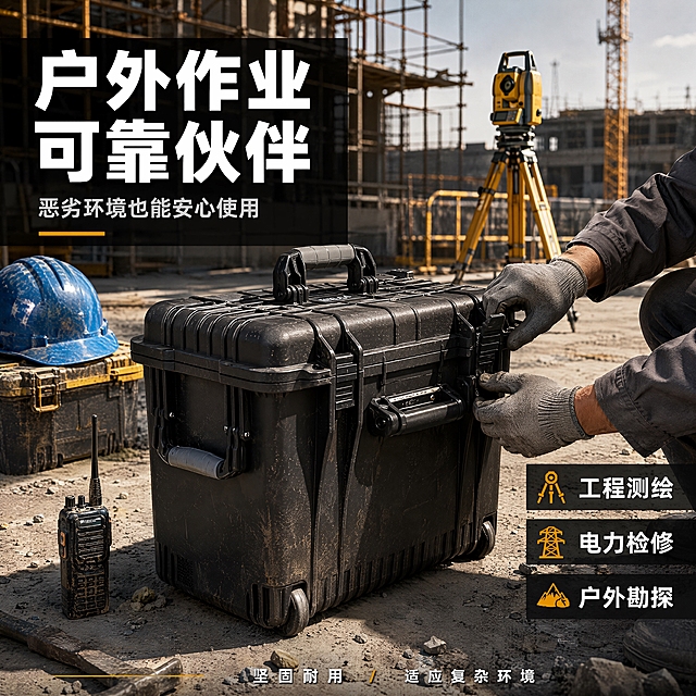 [主图-6] 户外工程场景-工地使用状态。本张使用【图1】作为产品主体，保持外观一致，融入户外工程场景。
[统一基调] 硬核工业科技风，深灰黑主色调，硬朗光影，专业可靠商业摄影质感；标题字色白色粗黑体，辅助字色浅灰，强调色橙黄；字体统一为无衬线粗黑体。
[画面] 防护箱置于户外工地地面上，主体占比约55%，拉杆收起，侧面有工程人员的手部正在打开锁扣；背景有工程脚手架、安全帽、测量仪器等元素，远处是建筑工地环境；地面是水泥地，有灰尘和工具散落；箱体上有少量灰尘体现户外使用感。
[光影质感] 自然日光从右上方照射，形成硬朗阴影，箱体表面有阳光高光，整体暖调日光结合工业环境，真实感强。
[配色] 全局场景色：土黄水泥地、灰色脚手架、蓝色安全帽；主色黑色箱体；辅助色橙黄工地元素；标题白色粗黑体配深色半透明底。
[文字版式] 左上主标题「户外作业 可靠伙伴」，副标题「恶劣环境也能安心使用」，文字配深色半透明底确保可读；右下角三个场景标签「工程测绘」「电力检修」「户外勘探」；底部小字「坚固耐用 适应复杂环境」；文字不遮挡箱体主体。
[输出要求] 1:1 方图比例，2048px，4K 分辨率，文字清晰可读，产品清晰完整；负向：箱体变形、结构错误、场景违和、人物手部畸形、颜色偏差、水印、文字错乱、文字过小、产品图模糊、平台Logo。