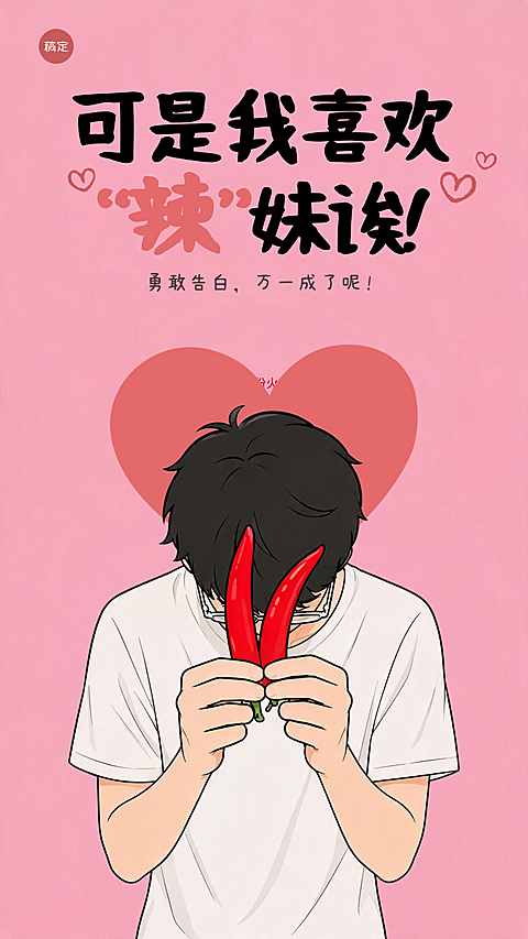 520情人节谐音插画风手持辣椒“辣妹”告白海报