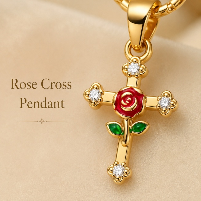 [Main Image 4] Detail display of the diamond-inlaid rose cross pendant. Background: Consistent light预览效果