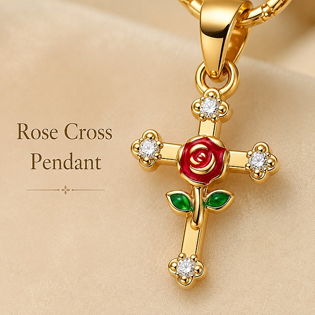 [Main Image 4] Detail display of the diamond-inlaid rose cross pendant. Background: Consistent light low saturated champagne velvet texture background. Keep the cross pendant appearance, rose enamel, green leaves, zircon details and color exactly consistent with input image. Centered macro shot shows the four zircon stones inlaid at each end of the cross, the red enamel rose and green enamel leaves in the center. Highlight the layered stacking design and exquisite craftsmanship. English text on the left: "Rose Cross Pendant" in elegant serif font. Output requirement: 1:1 square ratio, ultra high definition 2K commercial photography quality, all text English, clear and legible. Negative prompts: deformation, text disorder, blurry product, messy background, watermark, platform logo.