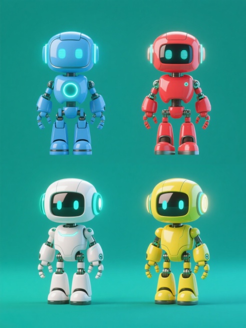 科技系列素材集合，规整排布四个完全不同造型不同风格的机器人，保持原元素内容，纯色背景，变换元素造型，变换画面整体色彩，3D渲染，高细节，光滑材质，发光效果，未来感，可爱风格，机械风格，赛博朋克风格，极简风格，蓝色，红色，绿色，黄色，白色背景预览效果