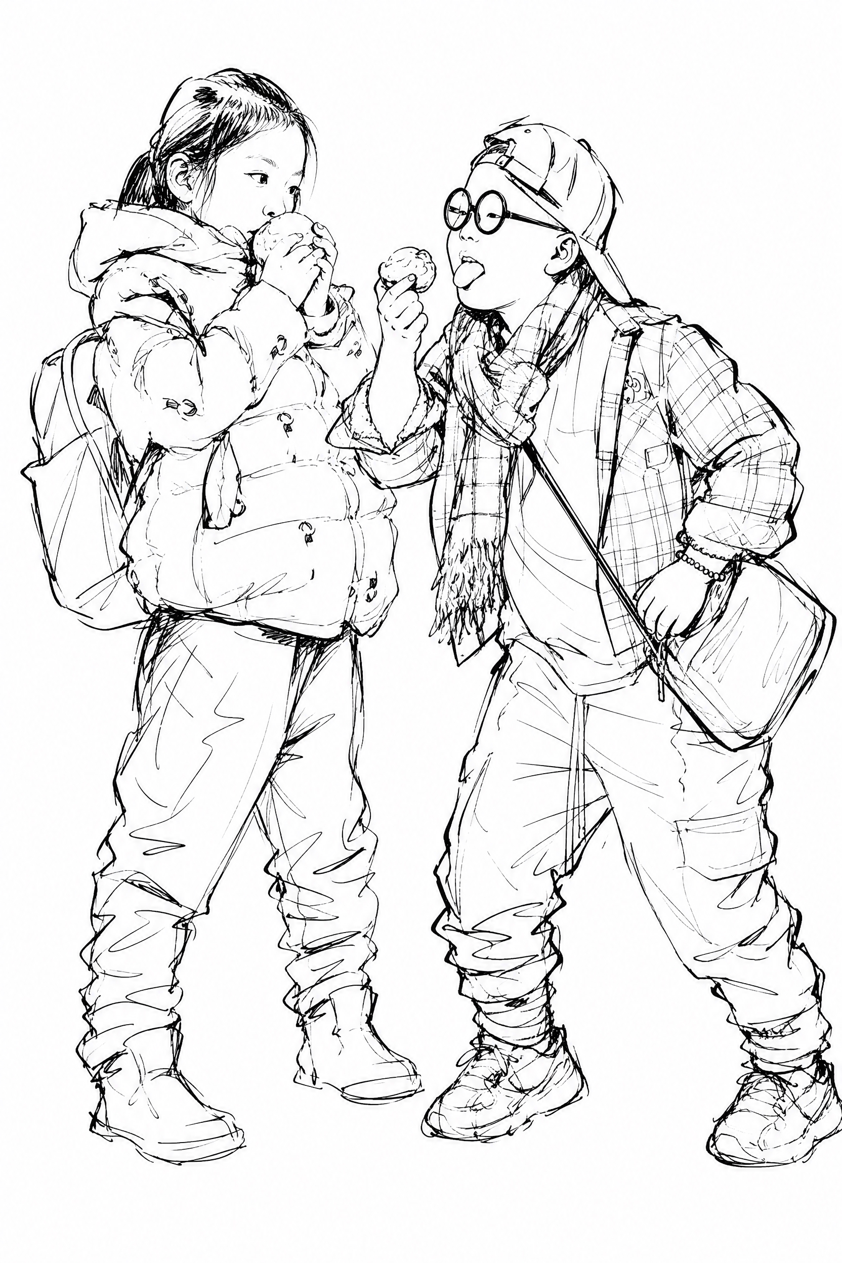 费欣风格白描线描速写，纯线条表现几乎无明暗，参考两张儿童照片的… - 图片创意预览