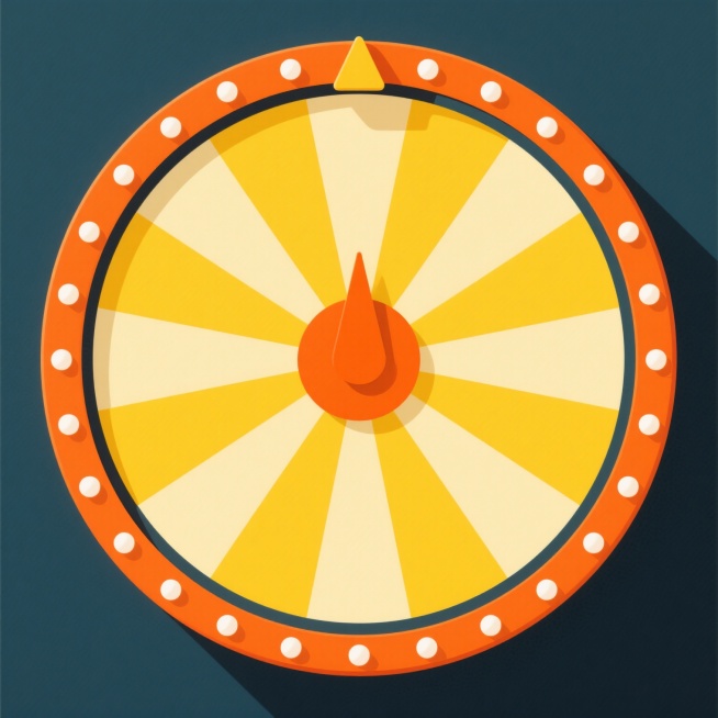 扁平化风格幸运转盘，主体为圆形结构，外环是鲜艳的橙色边框，边框上均匀分布着白色圆形小光点，内部转盘区域由黄色和浅黄色相间的均等扇形色块组成，中心是橙色圆形区域，顶部有一个橙色的三角形指针，整体色彩明亮活泼，保持原有的橙黄配色方案，光影简洁柔和，无复杂渐变，转盘样式变换为不同的扇形分割比例和内部色块排列方式，设计简洁明快，视觉层级清晰。预览效果