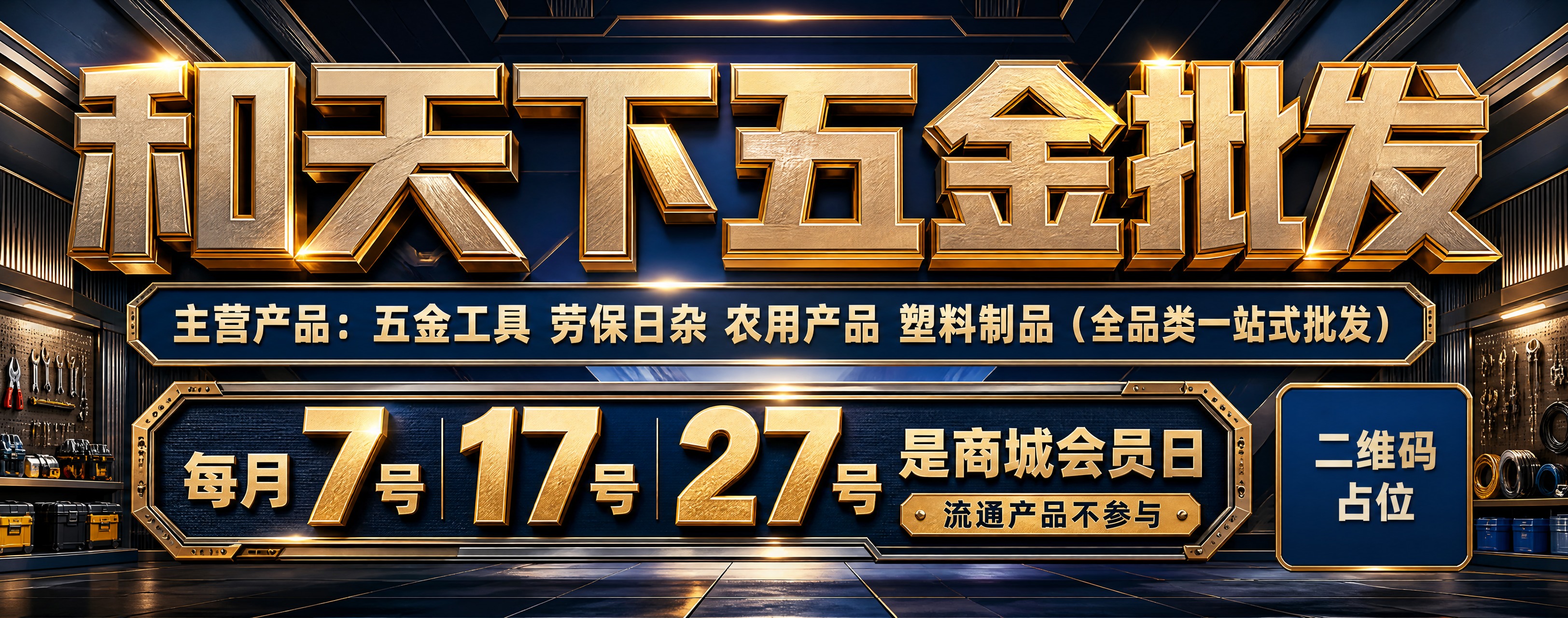 一张大气立体风格的横版五金批发商业海报，超宽幅构图。画面整体采… - 图片创意预览