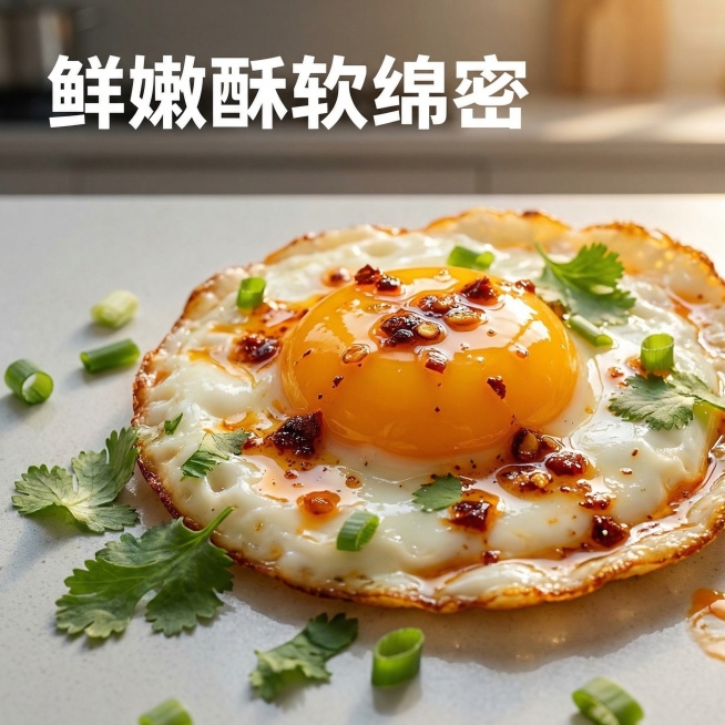 香辣味即食煎鸡蛋主图，微距特写展示煎鸡蛋诱人的表面油光，饱满完整的蛋黄，背景为简约浅灰色厨房台面，点缀新鲜香草装饰，文字放在左上角留白处，文案"鲜嫩酥软绵密"，字体为白色粗体，暖调自然逆光，突出通透质预览效果